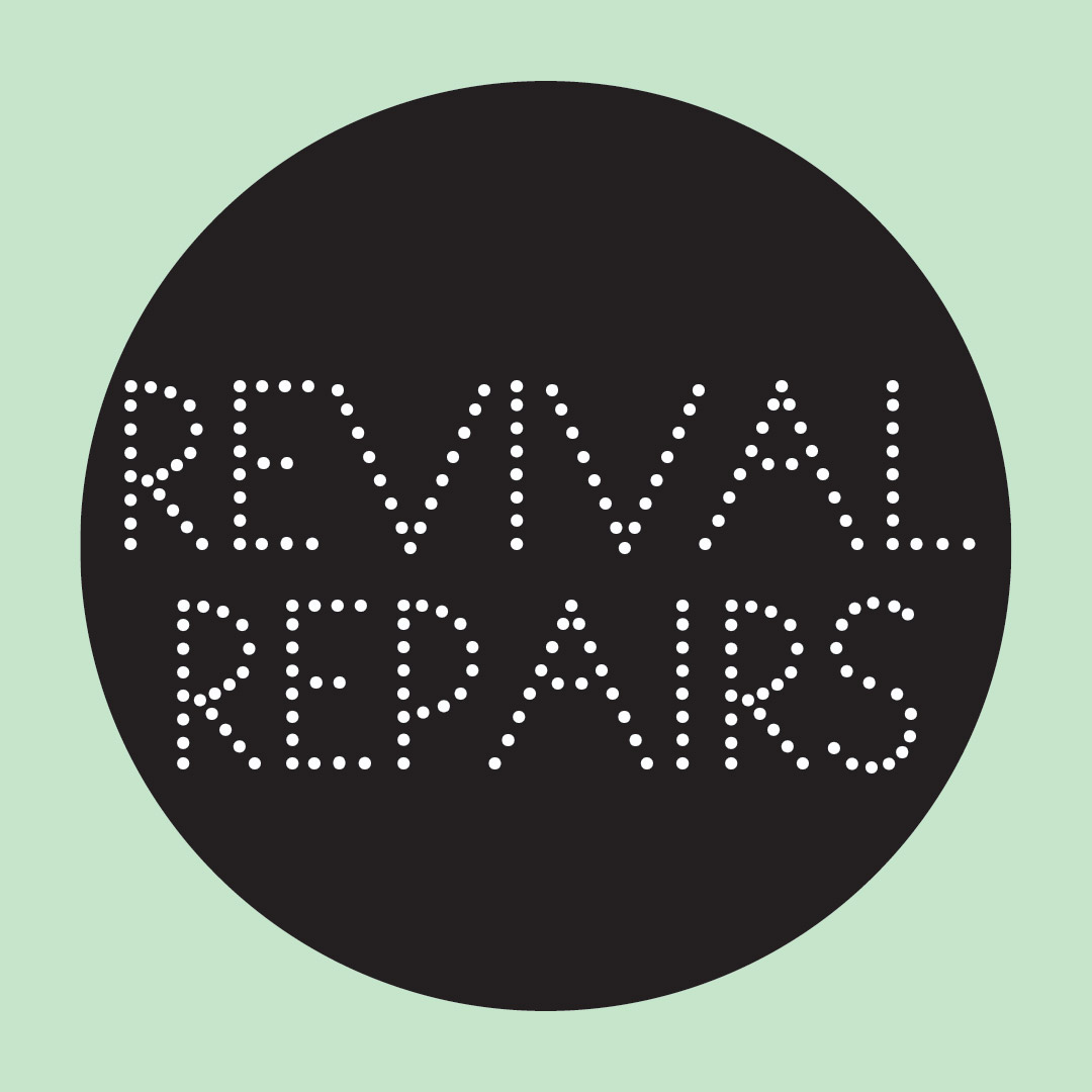 a logo reading Revival Repairs in white letters on a black round background