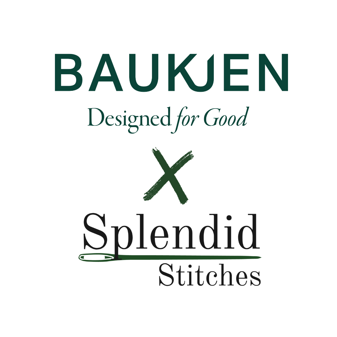 A logo reading Baukjen Designed For Good x Splendid Stitches in green letters on a white background