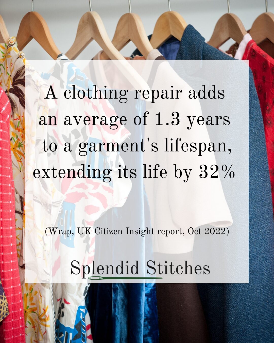 Clothes repairs for sustainable fashion stat reading that a clothing repair adds 1.3 years to a garment's life